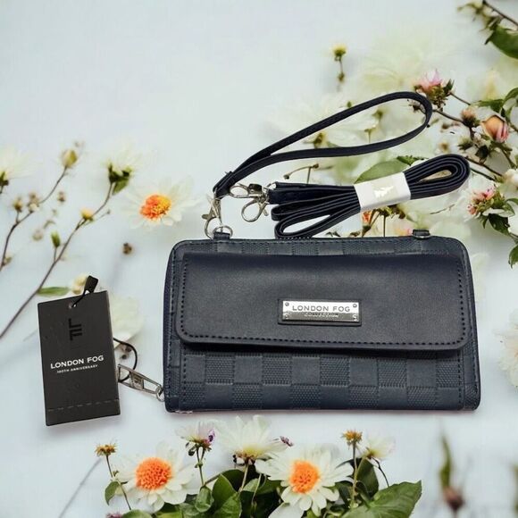 London Fog Daisy Large Size Embossed Navy Wallet Wristlet Crossbody Retail $58 N - Picture 1 of 7